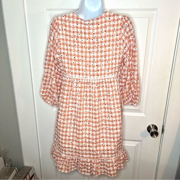 Greylin Dorothy Eyelet Daisy Tie Front Gingham Dress Tiered Peach White S NWT - Picture 8 of 13